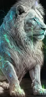 Majestic white lion with vibrant digital effects on a dark background.