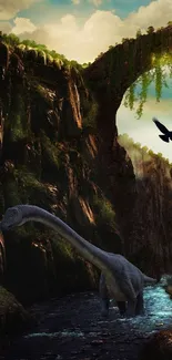 Dinosaur walking through a canyon with bird flying above.