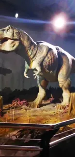 Lifelike Tyrannosaurus rex display in a museum setting with dramatic lighting.