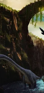 Dinosaur in lush green landscape with arch and flying bird.