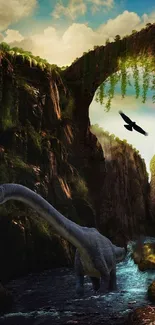 A dinosaur in lush cliffs with a bird soaring high in captivating prehistoric scenery.