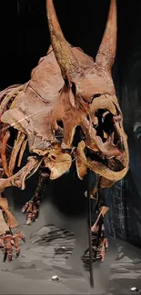 Dinosaur skeleton showcased in a museum setting.