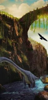 Dinosaur in a vibrant valley with archway, bird, and clouds.