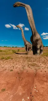 Two dinosaurs roam a realistic, open landscape under a blue sky.