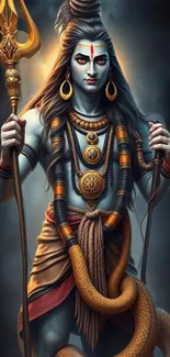 Majestic deity holding trident in spiritual art.