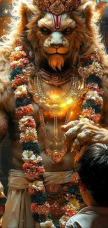 Divine lion artwork with glowing aura and child gazing.