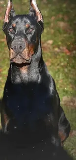 Majestic Doberman sitting on grass in sunlight.