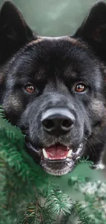 Black and white dog surrounded by green pine branches in a forest setting.