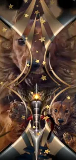 Majestic dog wallpaper with stars in golden design.