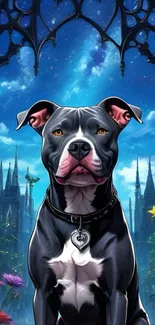 Majestic black dog under a starry night sky.