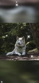 Majestic dog lying in a serene forest.