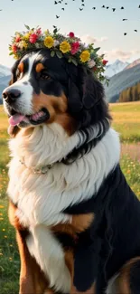 Bernese Mountain Dog with flower crown in alpine field.