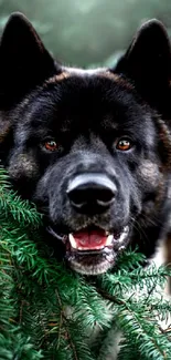 Majestic black dog in lush green forest.