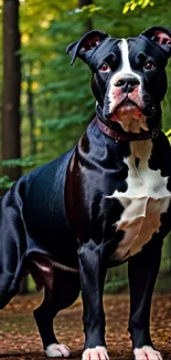 Majestic black and white dog stands in lush green forest.