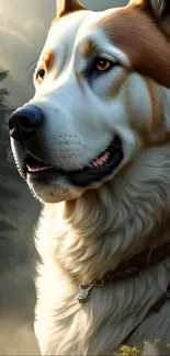 Majestic dog in forest with serene background.