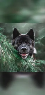 Majestic dog amidst lush green forest branches.