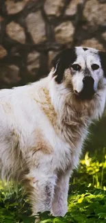 Majestic dog standing on green grass with rustic stone wall backdrop.