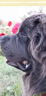 Majestic gray dog in a colorful garden scene wallpaper.