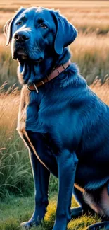 Majestic dog sitting in a sunlit field during sunset.