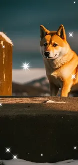 Shiba Inu sitting on snowy ground in a winter landscape.