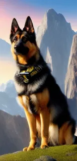 German Shepherd dog against a stunning mountain backdrop.