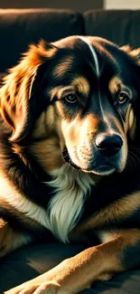 Majestic dog with rich fur lounging on a dark couch.