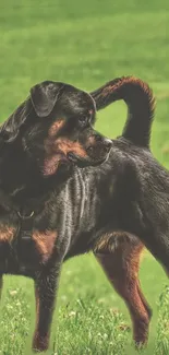 Majestic Rottweiler standing on a lush green field.