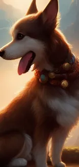 A majestic dog sits on a mountain peak at sunrise in a fantasy landscape.