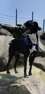 A majestic black dog on rocky terrain under a clear blue sky.