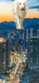 Giant golden retriever overlooking a city at dusk, with vibrant lights illuminating the skyline.