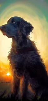 Silhouette of a dog against a vibrant, multicolored sunset sky.