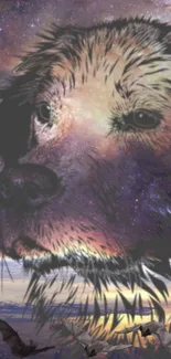 Illustrated dog with a cosmic sky background, blending stars and nature.