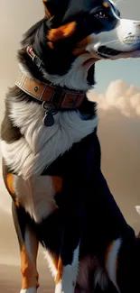 Majestic dog sits against a cloudy sky, creating a serene phone wallpaper.