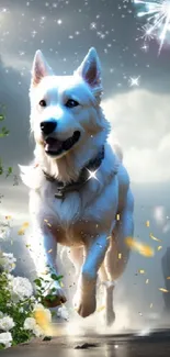 Majestic white dog runs with flowers and fireworks in background.