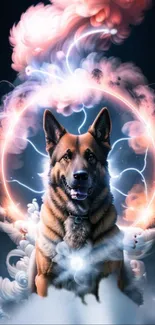 Majestic dog surrounded by cosmic swirls in stunning wallpaper.