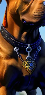 Majestic dog with intricate necklace, vibrant details.