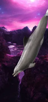 Cosmic scene with a dolphin over purple and pink landscapes.