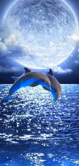 Dolphins jumping beneath a glowing full moon over a tranquil ocean.