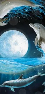 Majestic dolphins swimming under moonlight.