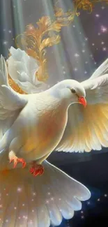 Majestic white dove in divine light against a starry background.