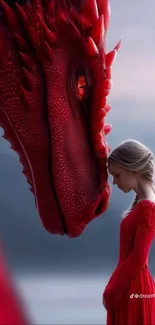 Majestic red dragon interacts with a serene woman in ethereal landscape.