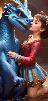 Blue dragon with girl in colorful dress in a fantasy setting.