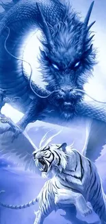 Blue dragon and white tiger in a dynamic fantasy battle scene.