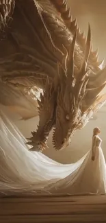 Majestic dragon towering over a lady in an enchanting fantasy setting.