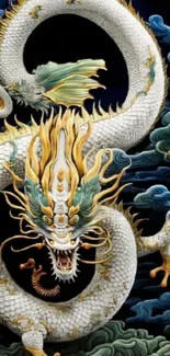 White and gold dragon with dark background.