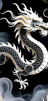 Black and white dragon art on dark background