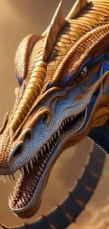 A detailed and majestic dragon with blue and gold scales.