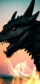 Black dragon silhouette against sunset background.