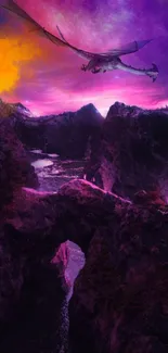 Dragon soaring over a twilight landscape with vibrant purple hues.