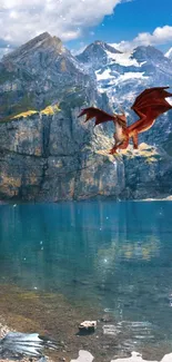 Dragon flying over mountain lake with vivid blue sky.